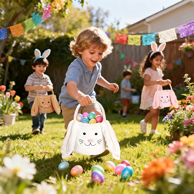 Easter Bunny Basket for Kids, Fluffy Easter Egg Hunt Bag Soft Fabric, Cute Rabbit Tote Bags with Long Plush Ear Easter Tote Bags for Candy Gifts Storage (White)