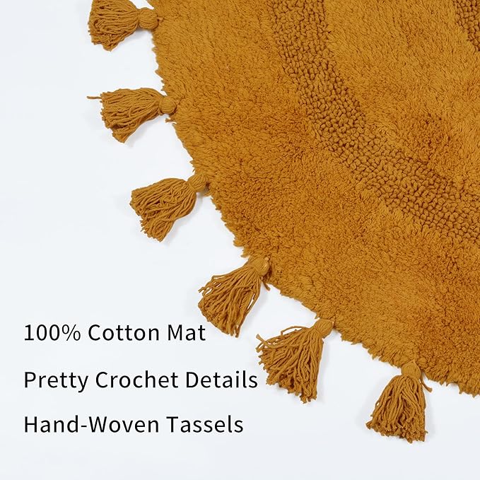 Half Circle Boho Bathroom Rugs with Tassels 100% Cotton Hand-Woven Bath Mat Non Slip Absorbent Bath Rugs with Rug Pad Washable Boho Bath Mat Carpet for Tub, Shower 20"x32",Mustard