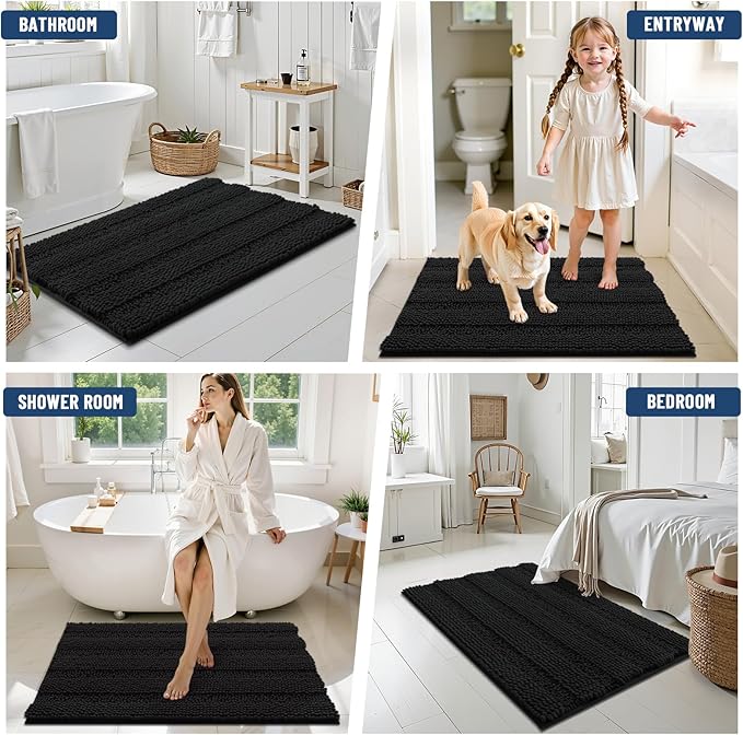 Grandaily Chenille Striped Bathroom Rugs 24x16, Extra Thick and Soft Absorbent Bath Mats, Rubber Backing, Plush Shaggy Shower Carpet, Machine Wash Dry, Bath Rug for Bathroom, Deep Black