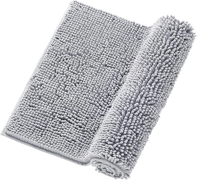 Grey Chenille Bathroom Rug 17"x24" Inch - Non Slip Absorbent Bath Mat for Shower, Quick Dry Machine Washable Floor Mats, Soft Plush