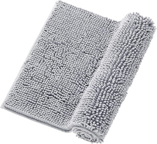 Grey Chenille Bathroom Rug 17"x24" Inch - Non Slip Absorbent Bath Mat for Shower, Quick Dry Machine Washable Floor Mats, Soft Plush