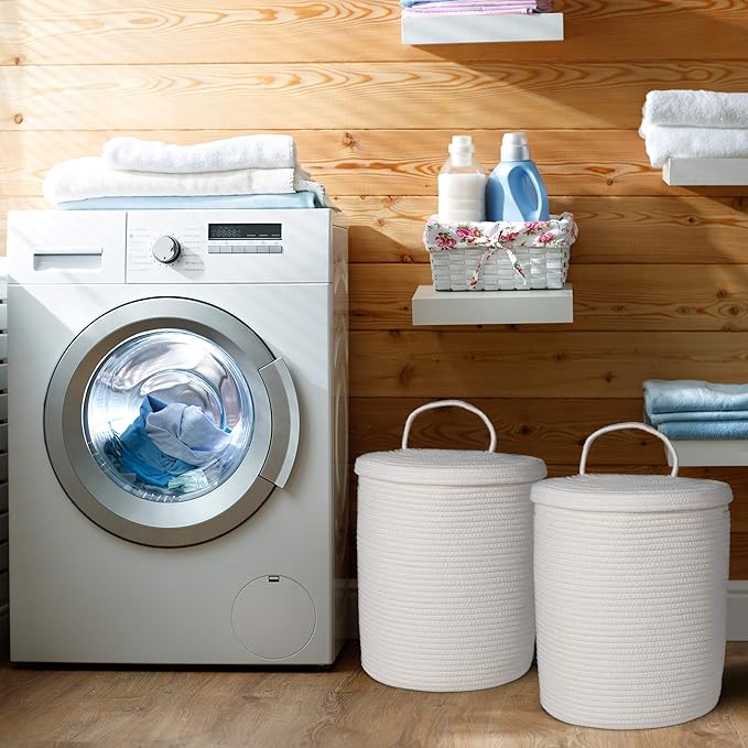 Cotton Rope Storage Basket with Lid | Large Woven Baskets and Handles 15" x 13" | for Nursery, Laundry, White Round Hamper, Home Living Room Floor, Toy Organizing bins, Blanket, Pillow and Big