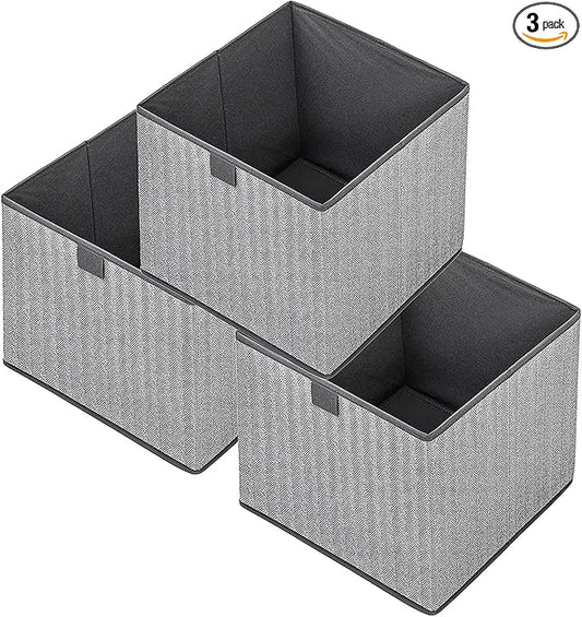 Storage Baskets, 11.8-Inch Woven Fabric Bins, Storage Cubes with Reinforced Handles, Organizer Bins for Closet Shelves, Foldable, for Toys, Clothes (3PCS/Grey-11.8*11.8*11.8inch)