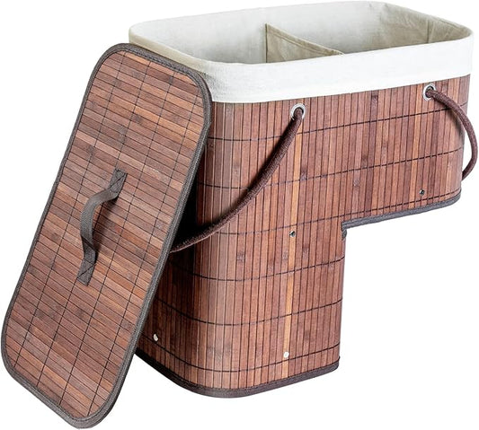 Stair Basket with Lid & Handle – Staircase Storage Basket for Wooden & Carpeted Stairs, Foldable Step Baskets for Stairs, Bamboo Storage Bin Organizer for Toys, shoes & Books (Brown)