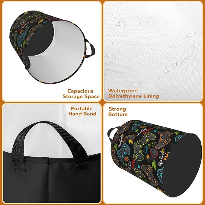 Game Controller Collapsible Laundry Basket,Player Gamepad Bedroom Waterproof Laundry Hamper,Bathroom Large Storage Bag,College Dormitory Living Room Nursery Organizer Toy Bin 16" x 20"