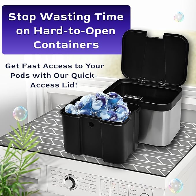 Skywin TidyFriend Laundry Pods Container with Push Up Lid, 9.8" x 7.3" x 6.3", Airtight Storage Keeps Pods Fresh, Laundry Detergent Container & Dishwasher Pod Holder (Black)