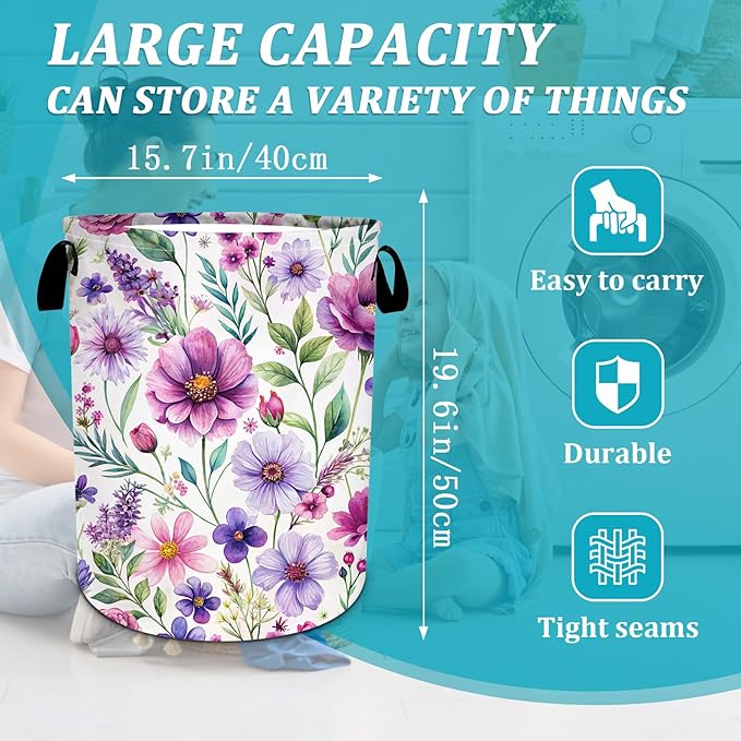 Purple Watercolor Floral Laundry Basket, Foldable Waterproof Oxford Cloth Laundry Hamper Funny Tote Bag Dirty Clothes Storage Bucket Toy Organizer for Bathroom/Laundry/Bedroom 15.7"x19.6"