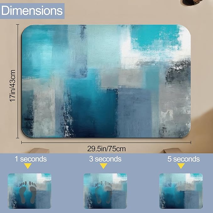 Abstract Blue Grey Bathroom Rugs, Non Slip Quick Dry Rustic Bath Mats for Bathroom, Super Absorbent Diatomaceous Bathmat for Home Kitchen Thin Floor Doormat 17 X 29.5 Inch