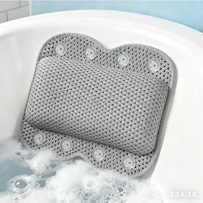Bath Pillow Non Slip Spa Bathtub Head & Neck Rest Support, Headrest with Soft 4D Mesh Fabric, Permeable Quick Drying Air Mesh Tub Pillow with 8 Suction Cups Fits Any Tubs, Soft & Relaxing
