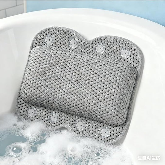 Bath Pillow Non Slip Spa Bathtub Head & Neck Rest Support, Headrest with Soft 4D Mesh Fabric, Permeable Quick Drying Air Mesh Tub Pillow with 8 Suction Cups Fits Any Tubs, Soft & Relaxing
