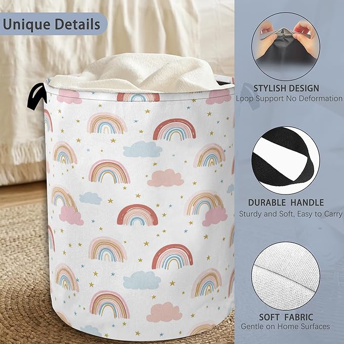 Rainbow Laundry Hamper,Stars Dirty Clothes Laundry Basket with Handles Waterproof Oxford Cloth Storage Basket for College Dorms Bathroom Bedroom 16" x 20.8"