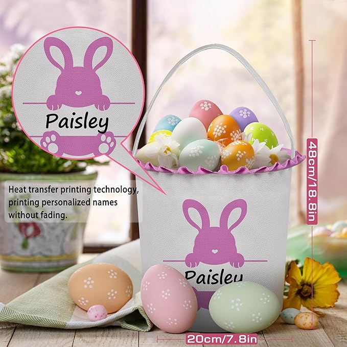 Easter Baskets for Girls Boys, Personalized Easter Basket with Name - Cute Pink Bunny