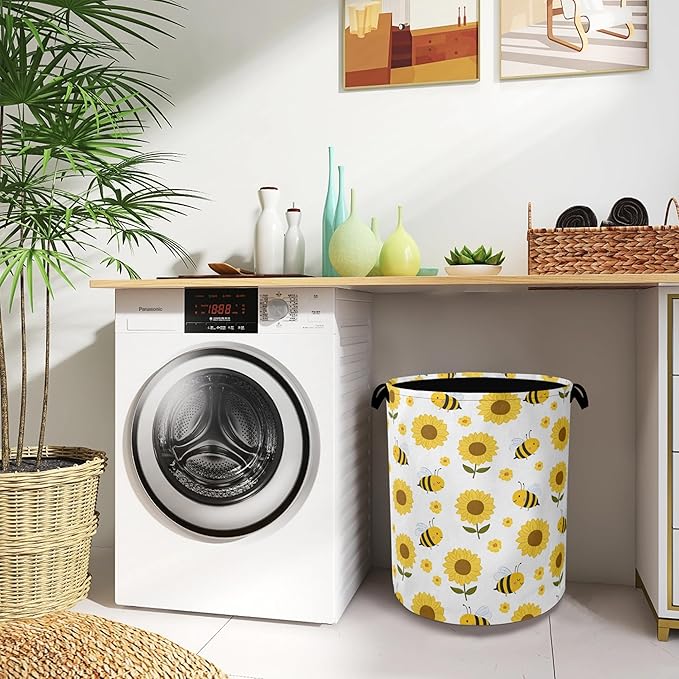 Cute Bee Laundry Basket,SunFlower Foldable with Handles Tote Bag Oxford Cloth for Bathroom Bedroom Dirty Clothes Storage Bucket 16" x 20.8"