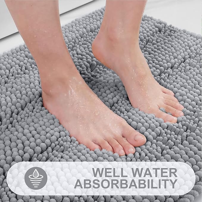 Grandaily Chenille Striped Bathroom Rugs 47x24, Extra Thick and Absorbent Bath Mats, Non-Slip Soft Plush Shaggy Shower Carpet, Machine Wash Dry, Bath Rug for Bathroom, Light Grey