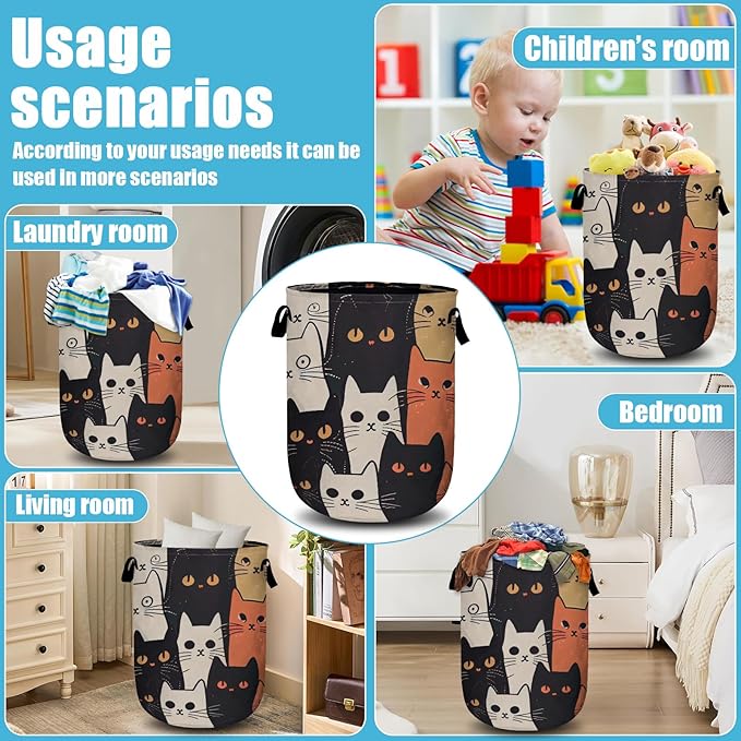 Watercolor Funny Cat Laundry Basket, Laundry Hamper Collapsible Oxford Cloth with Handle Clothes Toy Storage Bin for Bathroom Laundry Room Bedroom 15.7 X 20 Inch
