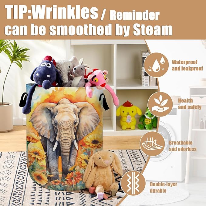 Watercolor Elephant Sunflower Laundry Basket, Foldable Wild Animals Laundry Hamper Tote Bag Dirty Clothes Storage Bucket Toy Organizer for Bathroom/Laundry/Bedroom 15.7"x19.6"