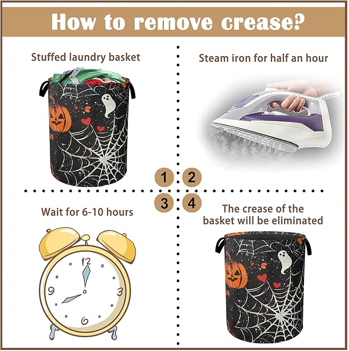 Halloween Laundry Basket Pumpkin Collapsible Hamper with Handles, Bat Spider Web Waterproof Oxford Storage Bin for Bathroom Bedroom Nursery Home Halloween Decor 16"x20"