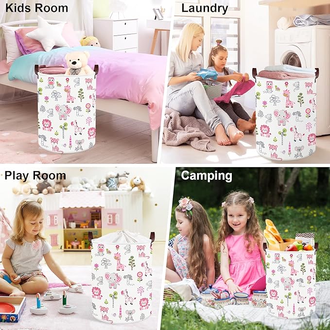 Clastyle Cute Forest Animal Laundry Basket Elephant Lion Kids Clothes Book Storage Basket Gift Toy Box for Bedroom Decor,Pink,36x45 cm