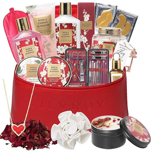 Valentines Day Gifts for Mom Spa Gift Set for Women 17Pcs Luxury Bath & Body Gift Set Beauty Care Kit with Necklace | Mothers Day, Birthday, Christmas Gifts for Her Wife Pampering Kit for Travel