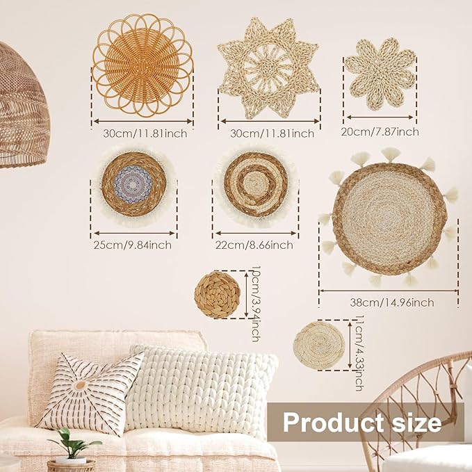 US 8 Pcs Wall Basket Decor Hanging Woven Basket Wall Decor Multipurpose Wall Basket Decor Set Decorative Basket Wall Decor Set for Home Living Room Bedroom Nursery(8,Colour)