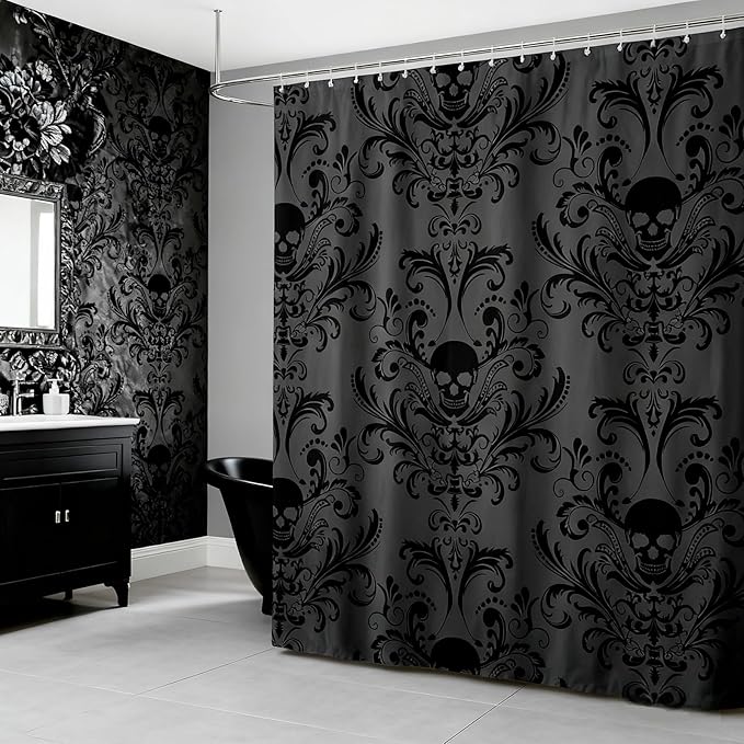 Gothic Shower Curtain Set Black Damask Fabric Shower Curtain Antique Victorian Vintage Floral Exotic Sugar Skull Bathroom Decor 72"Wx72"L,Skeleton Boho Baroque Decor Housewarming Gift,Charcoal Grey