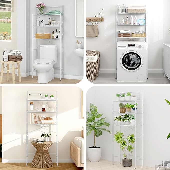MallBoo Over The Toilet Storage Rack, 3-Tier Metal Bathroom Organizer Shelf with Hooks & Paper Holder, Freestanding Above Toilet Storage for Small Spaces, Apartments, Laundry Room(White)