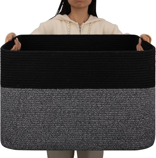 OIAHOMY 108L Extra Large Blanket Basket, 25”x16”x16” Laundry Basket, Blanket Storage for Living Room, Dog Toy Storage with Handle - Grey & Black