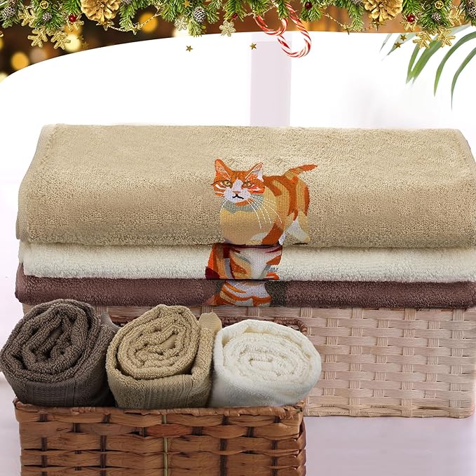 3 Pcs Orange Cat Hand Towels Bathroom Sets Decor Cute Orange Cat Lover Gifts Funny Decorative Farmhouse 100% Cotton Embroidered Towels for Women Bathroom Kitchen 13. 3 x 29. 5''