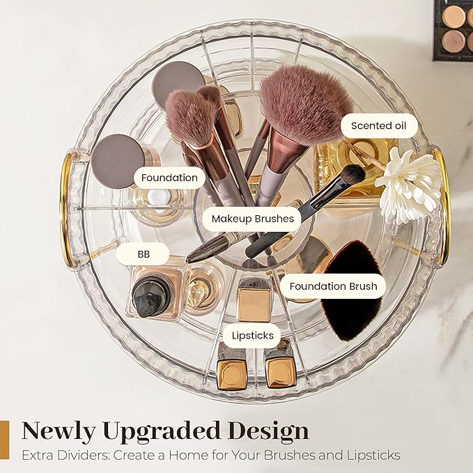 Aveniee 360 Rotating Makeup Organizer for Vanity, Upagraded Perfume Skincare Bathroom Counter Organizers with Brush Divider, Two Tier Spinning Lipstick Cosmetic Lotion Storage,White