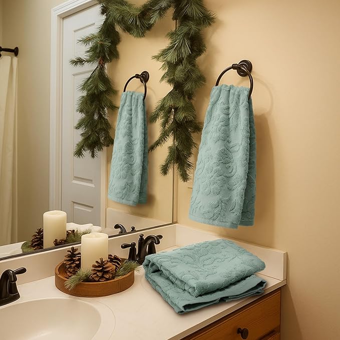 2 Pcs Quality Floral Jacquard Hand Towels Set for Bathroom Sage Green Hand Towels 100% Cotton Absorbent Decorative Weave Bath Decor Neutral Bathroom Decor Gift, 13.7 x 29.5 Inch