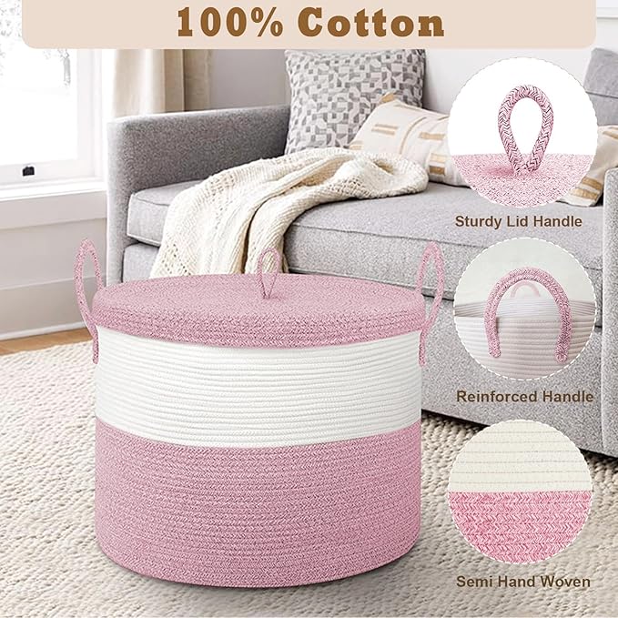 21" x 18" Extra Large storage baskets,Eco-friendly Decorative blanket basket with lid for Living room,rope baskets with lid,wicker hamper for bedroom,Big,Round,Pink 115L