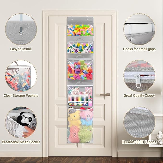 Over Door Organizer and Storage, Hanging Toy Holder with 4 Clear Removable Pouches, Toddler Room Wall Stuffed Animal Bag Case, Kids Playroom Closet Organization for Building Block, Puzzle