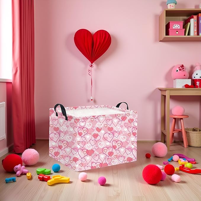 HIYAGON Rectangular Valentines Basket Baby Girl Storage Bin Pink Basket Organizer Box Heart Room Decor(Pink Heart)