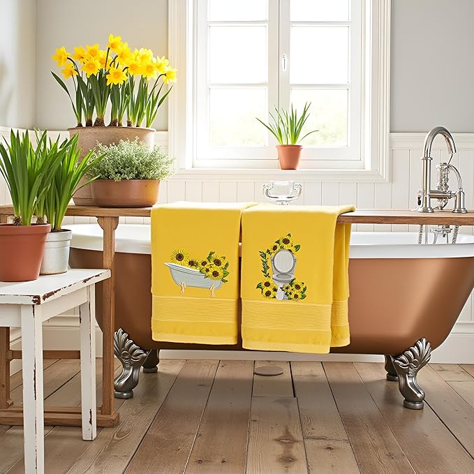 2pcs Yellow Sunflower Hand Towels for Bathroom Decorative Towels Set 100% Cotton cute Embroidered Spring summer floral bath towels dish kitchen towels Farmhouse Bathroom Decor Gift(Yellow Sunflower)