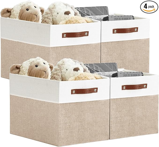 DECOMOMO Kallax Storage Cubes -13x15x13 Storage Bins, Baskets for Organizing Shelves (Beige and White, 4-Pack)