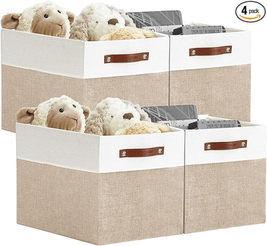 DECOMOMO Kallax Storage Cubes -13x15x13 Storage Bins, Baskets for Organizing Shelves (Beige and White, 4-Pack)