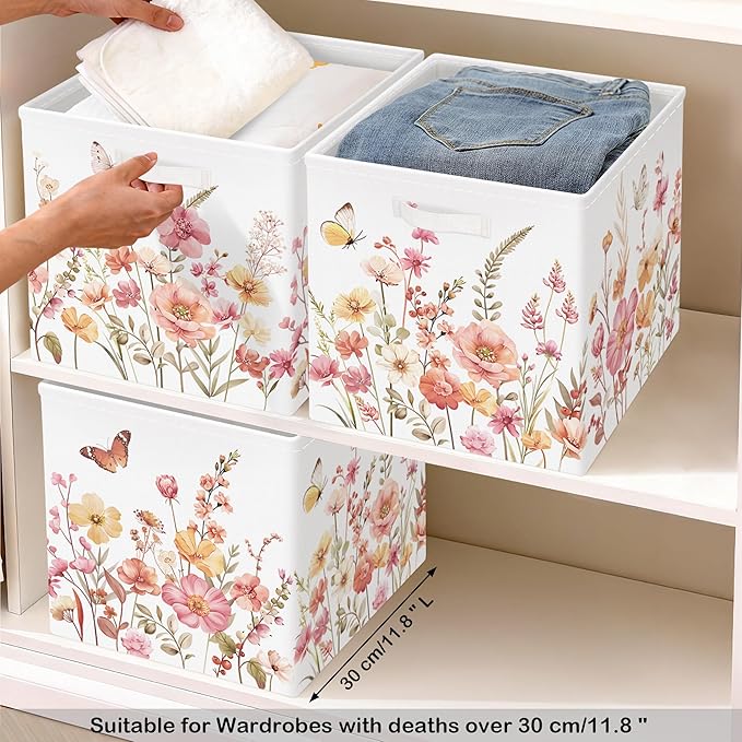 11.8" Wild Flower Storage Cube Organizer Set 3Pcs Clothes Storage Basket Bin for Closet Shelf Garden Butterfly Nursery Kid Room Book Toy Chest, Wildplants