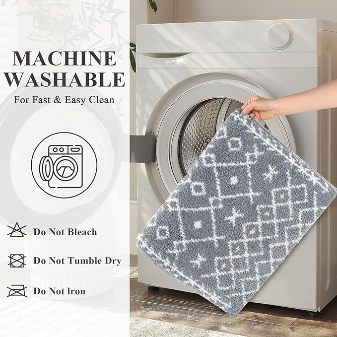 HEBE Bathroom Rugs Sets 5 Piece, Soft Absorbent Microfiber Bath Mat for Bathroom, Non Slip Washable Bath Rug Set with Toilet Cover, Bath Runner and U-Shaped Contour Toilet Rug, Light Grey