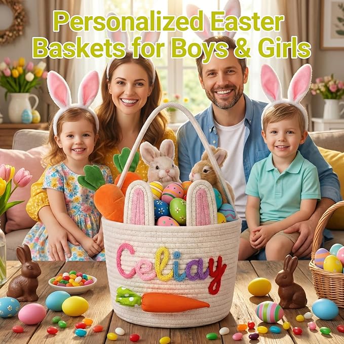 Personalized Easter Baskets for Girls, Boys Cute Bunny Custom Easter Basket with Embroidered Name for Egg Hunts Woven Cotton Rope Tote in 2 Sizes Easter Gifts for Kids