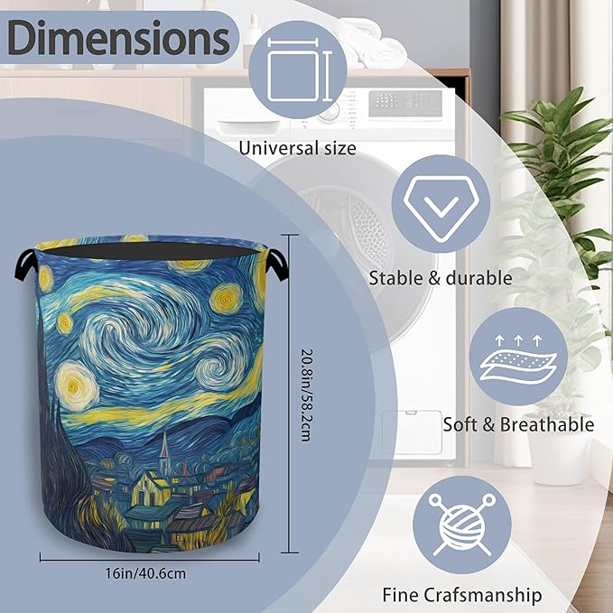 Starry Night Moon Laundry Basket,Village Oxford Cloth Laundry Hamper with Handle Foldable Portable Clothes Storage Basket for Bathroom Bedroom Dorm Room 16" x 20.8"