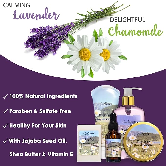 Bath Spa Gift Sets - Luxury Basket With Lavender & Chamomile - Spa Kit Includes Wash, Bubble Bath, Lotion, Bath Salts, Body Scrub, Body Spray, Shower Puff, Bathbombs, Soap and Towel