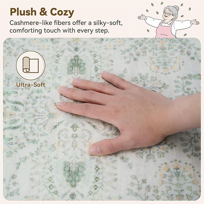 GRANNY SAYS Boho Bathroom Runner 47"x 18" Non-Slip,Quick Dry & Washable Vintage Bath Rug,Distressed Farmhouse Plush Velvet Bath Mat for Sink Shower and Bathtub, Vintage Green