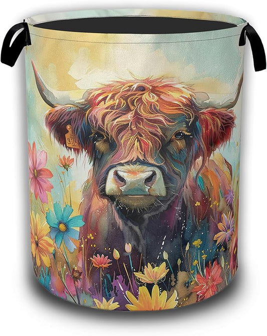 Highland Cow Laundry Basket,Spring Flowers Watercolor Laundry Hamper Waterproof Oxford Cloth Tote Collapsible,Clothes Storage Bucket Decorative Toy Organizer For Bathroom Bedroom 16" x 20.8"