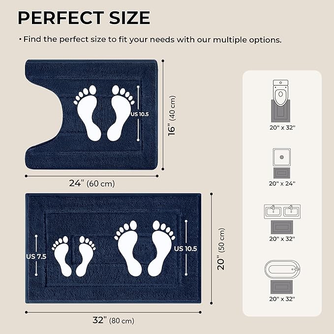GRANNY SAYS Bathroom Rugs Sets 2 Piece, Soft Absorbent Microfiber Bath Mats for Bathroom Non Slip Washable, U-Shaped Toilet Bath Rugs for Tub Shower (Blue, 20" x 32" + U Shaped 20" x 24")