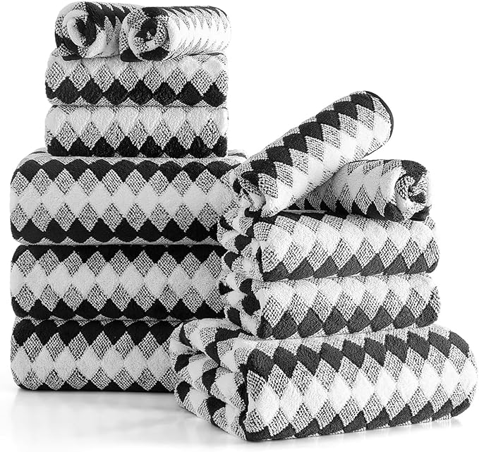 12 Pcs Black White Diamond Towel Set-4 Bath Towels,4 Hand Towels,4 Washcloths Soft Polyester Towels with Loop Absorbent Shower Towel Quick Dry Beach Chair Towel Family Towels for Bathroom Spa Gym Pool