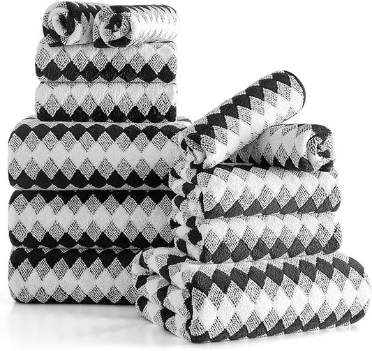 12 Pcs Black White Diamond Towel Set-4 Bath Towels,4 Hand Towels,4 Washcloths Soft Polyester Towels with Loop Absorbent Shower Towel Quick Dry Beach Chair Towel Family Towels for Bathroom Spa Gym Pool