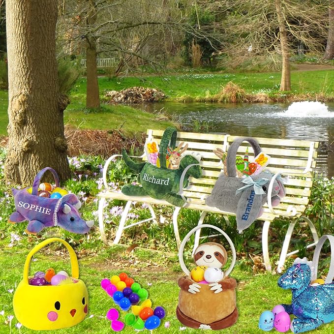 DearSun Exquisite Embroidery ! Personalized Easter Egg Hunting Basket 3D Plush Dinosaur Basket Candy Gift Bucket with Embroidery Name (Green Plush Dinosaur Basket)