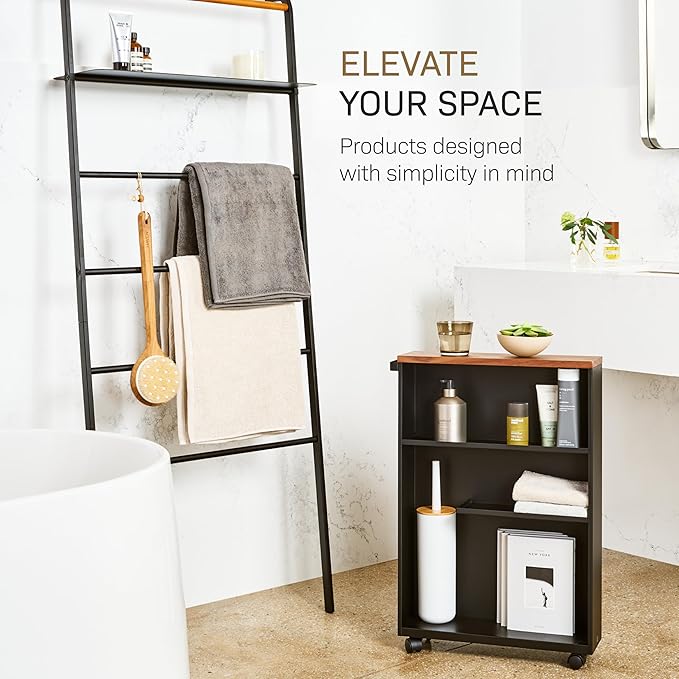 YAMAZAKI Home Slim Rolling Storage Cart – Narrow Bathroom Storage Cabinet with Handle, Slim Bathroom Storage Cart with Wheels, Easy Assembly, Steel + Wood, Black, 27" - Steel -