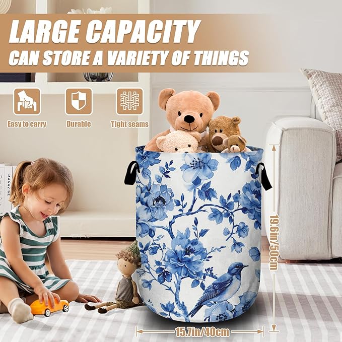 Blue Flower Bird Laundry Basket, Foldable Waterproof Laundry Hamper Tote Bag Dirty Clothes Storage Bucket Toy Organizer for Bathroom/Laundry/Bedroom 15.7"x19.6"