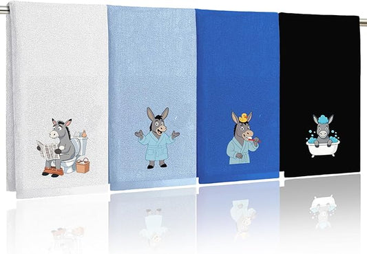 4 Pcs Funny Donkey Hand Towels Embroidered - 29" x 13.3" Soft Cotton Bathroom Towel Set, Funny Farmhouse Decor with Donkey, Light Blue Hand Towels for Kitchen Cute Bathroom Decor Housewarming Gift